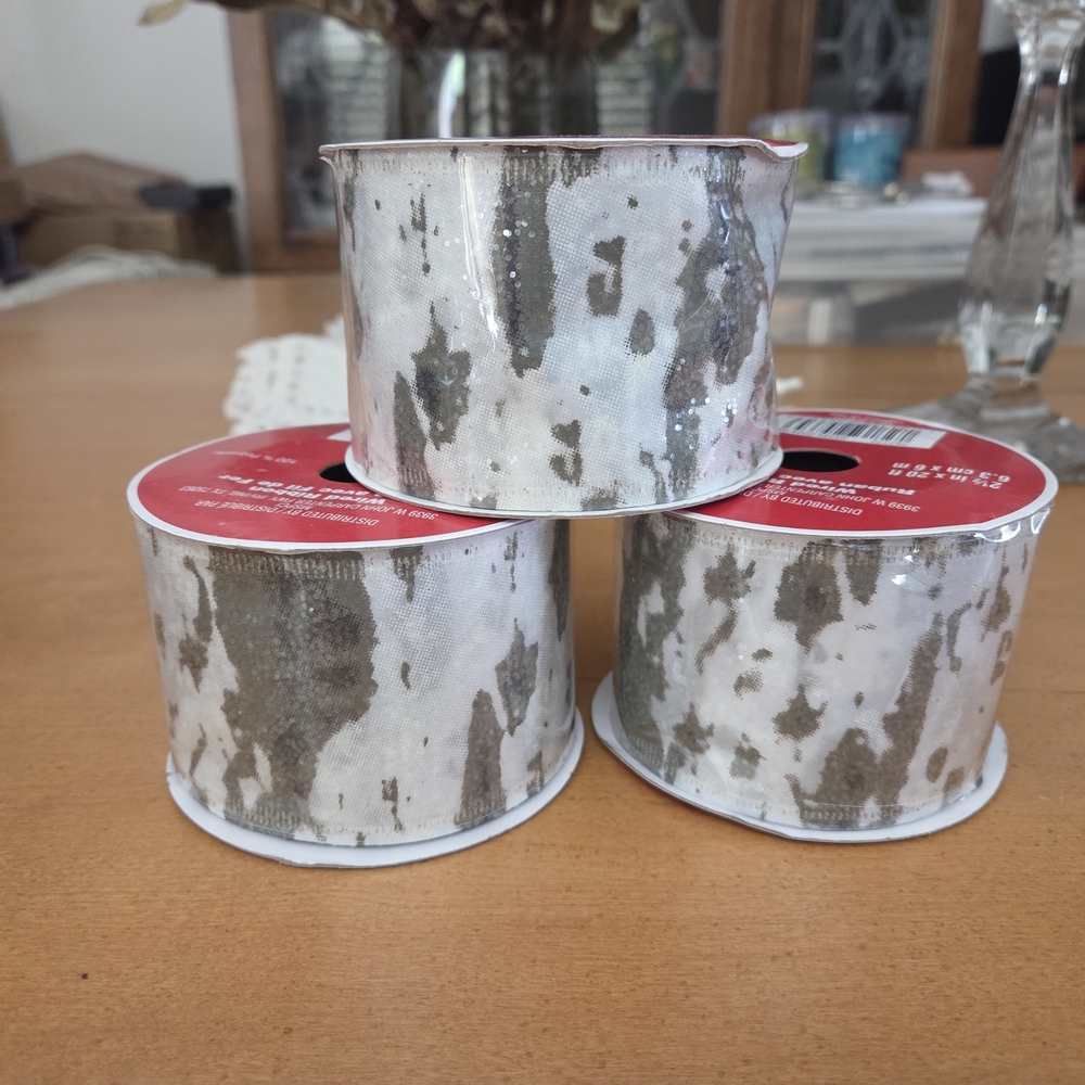 3 Rolls Of Black & White Glittery, Wired Ribbon